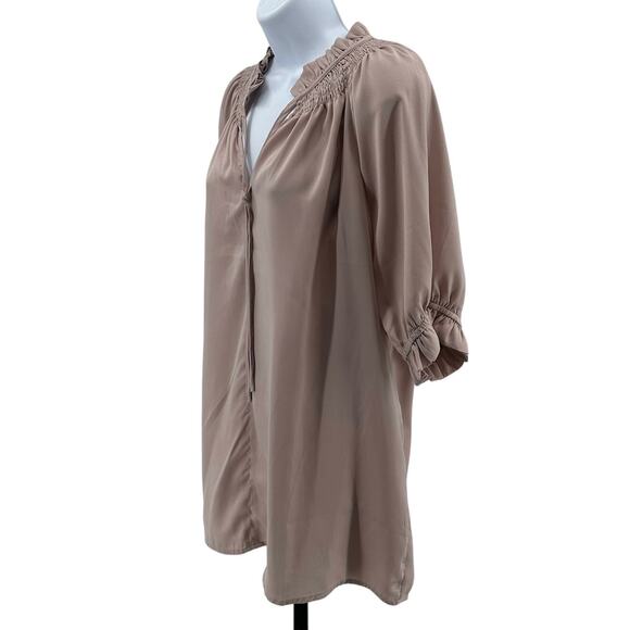 Womens Blouse SZ XL Puff Short Sleeves Tie Neck Ruffle Neck Pullover Dusty Rose - Picture 3 of 6